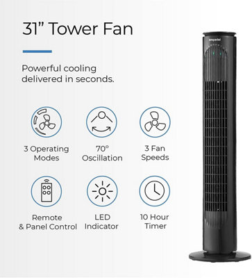 Emperial 31" Tower Fan with Remote Control - Oscillating Bladeless Cooling Fan, Portable 10 Hour Timer, 3 Modes & 3 Speeds - Black