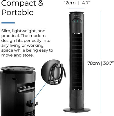 Emperial 31" Tower Fan with Remote Control - Oscillating Bladeless Cooling Fan, Portable 10 Hour Timer, 3 Modes & 3 Speeds - Black