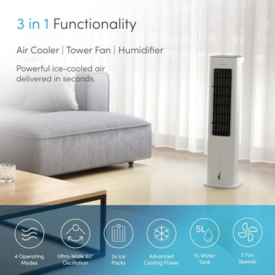 Emperial 5L Portable Air Cooler - 3 in 1 Tower Fan, Humidifier, Air Cooler With 4 Modes, 3 Speeds, Timer and Remote Control