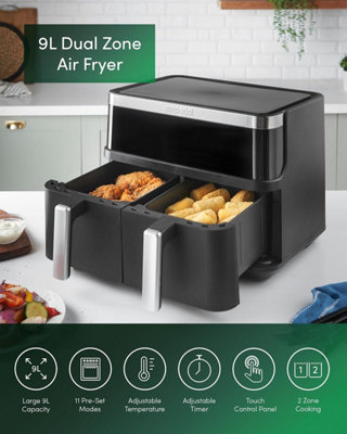 Emperial 9L Dual Zone Air Fryer With 2 Baskets, 11 Pre-set Programs, Touch Control Panel & Sync Match Function - Black