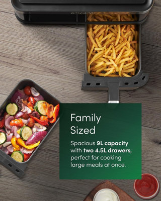 Emperial 9L Dual Zone Air Fryer With 2 Baskets, 11 Pre-set Programs, Touch Control Panel & Sync Match Function - Black