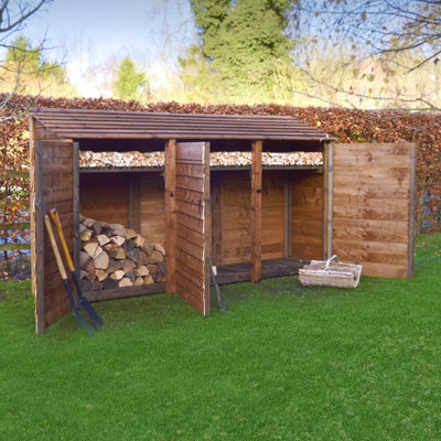 Empingham 6ft Log Store with Doors and Kindling Shelf - L80 x W340 x H181 cm - Rustic Brown
