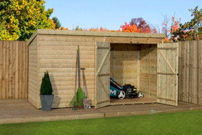 Empire 4000  Pent 12x3 pressure treated tongue and groove wooden garden shed double door right (12' x 3' / 12ft x 3ft) (12x3)