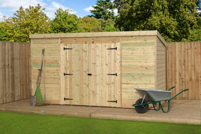 Empire 5000  Pent 14x6 pressure treated tongue and groove wooden garden shed double door centre (14' x 6' / 14ft x 6ft) (14x6)