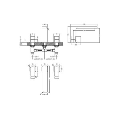 Empire Square Deck Mounted 3 Tap Hole Bath Filler Tap - Chrome - Balterley