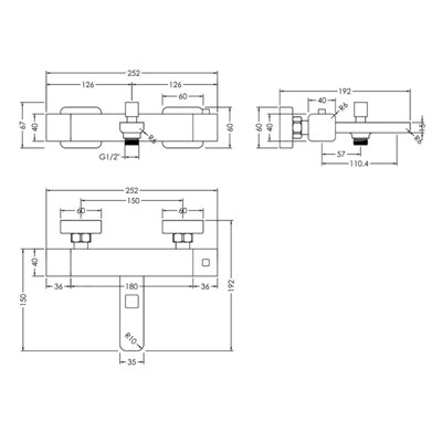 Empire Square Wall Mount Thermostatic Bath Shower Mixer Bar Valve Tap (Kit Not Included) - Chrome - Balterley