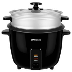 EMtronics 1.5 Litre Rice Cooker, Non-Stick Pot & Vegetable Steamer Tray - Black