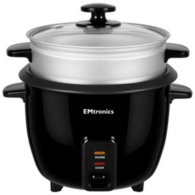 EMtronics 1.5 Litre Rice Cooker, Non-Stick Pot & Vegetable Steamer Tray - Black