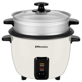 EMtronics 1 Litre Rice Cooker, Non-Stick Pot & Vegetable Steamer Tray - Cream