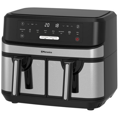 EMtronics Double Basket Air Fryer Digital Dual 9L with Timer - Stainless Steel