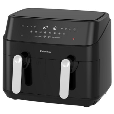 EMtronics EMAFDD9L Digital 9L Double Basket Large Dual Air Fryer with Timer - Black