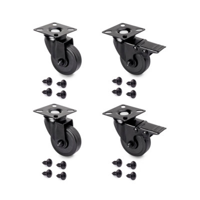 Emuca Lot of 4 castors Black with mounting plate, diameter 50mm, Plastic and Steel, Black