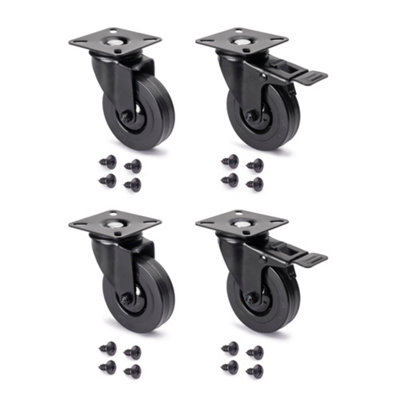 Emuca Lot of 4 castors Black with mounting plate, diameter 75mm, Plastic and Steel, Black