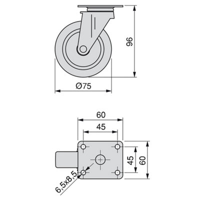 Emuca Lot of 4 castors Slip with mounting plate, diameter 75mm, Steel and Plastic, Plastic Grey