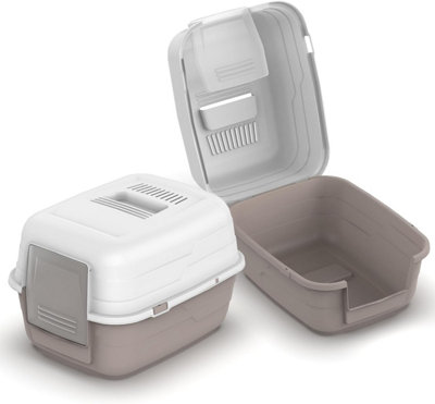 Enclosed Cat Litter Box Tray with Lid & Flap Door High Sided Detachable Top - White & Light Grey Price Comparisons | Compare The Build