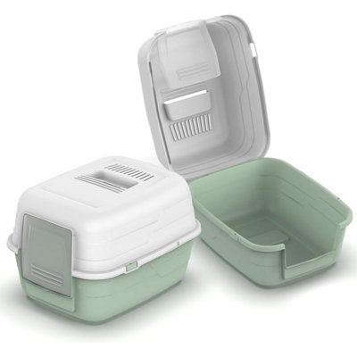 Enclosed Cat Litter Box Tray with Lid & Flap Door High Sided Detachable Top - White & Soft Green Price Comparisons | Compare The Build