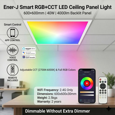 Ener-J White Smart RGB CCT Backlit LED Panel 600 x 600mm 40W 4000lm App Voice and Remote Control
