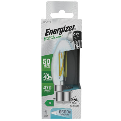 Energizer 2.2w B22 BC 6500k Filament A-Rated LED Candle Bulb - Daylight