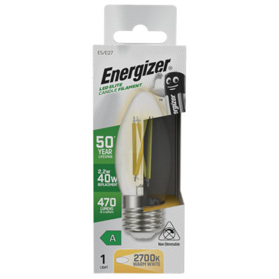 Energizer 2.2w E27 ES 2700k Filament A-Rated LED Candle Bulb - Warm White