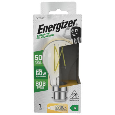 Energizer 3.8w B22 BC 2700k GLS Filament A-Rated LED Light Bulb - Warm White