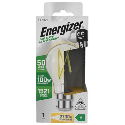 Energizer 7.2w B22 BC 2700k GLS Filament A-Rated LED Light Bulb - Warm White