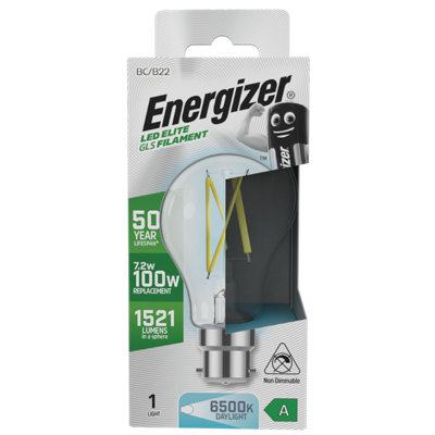 Energizer 7.2w B22 BC 6500k GLS Filament A-Rated LED Light Bulb - Daylight