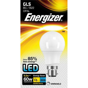 Energizer LED GLS 9.2w Opal 806lm Light Bulb B22 Warm White Dimmable White (One Size)