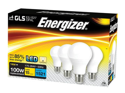 Energizer S14424 LED ES (E27) Opal GLS Non-Dimmable Bulb, Warm White 1521 lm 13.2W (Pack 4) ENGS14424