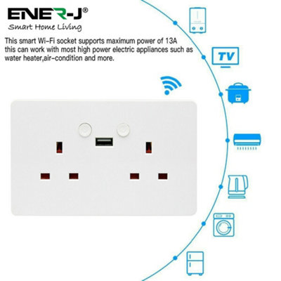 ENERJ Smart 13A, WiFi Double Socket with USB, App Remote Control from Anywhere.