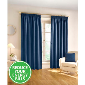 Enhanced Living 100% Blackout Thermal Navy Linen Look Tape Top Curtains   Pair 90 x 90 inch (229x229cm)