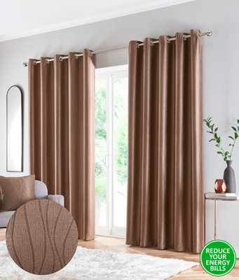 Enhanced Living Goodwood Bronze Thermal, Energy Saving, Dimout Eyelet Pair of Curtains with Wave Pattern 90 x 72 inch (229x183cm)