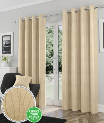 Enhanced Living Goodwood Cream Thermal, Energy Saving, Dimout Eyelet Pair of Curtains with Wave Pattern 46 x 54 inch (117x137cm)