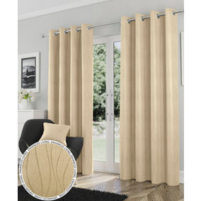Enhanced Living Goodwood Cream Thermal, Energy Saving, Dimout Eyelet Pair of Curtains with Wave Pattern 66 x 72 inch (168x183cm)