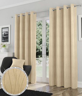Enhanced Living Goodwood Cream Thermal, Energy Saving, Dimout Eyelet Pair of Curtains with Wave Pattern 66 x 90 inch (168x229cm)