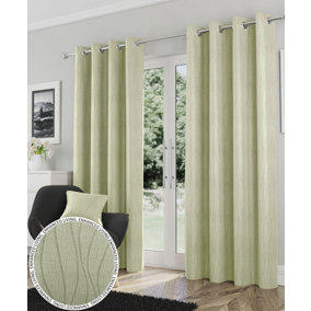 Enhanced Living Goodwood Green Thermal, Energy Saving, Dimout Eyelet Pair of Curtains with Wave Pattern 46 x 72 inch (117x183cm)