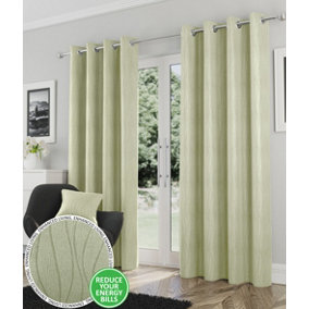 Enhanced Living Goodwood Green Thermal, Energy Saving, Dimout Eyelet Pair of Curtains with Wave Pattern 66 x 90 inch (168x229cm)