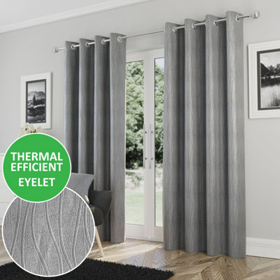 Enhanced Living Goodwood Silver Thermal, Energy Saving, Dimout Eyelet Curtains with Wave Pattern (PAIR) - 66 x 90 inch (168x229cm)