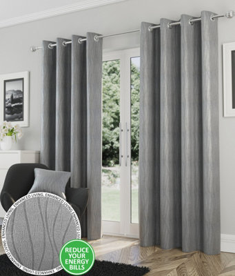 Enhanced Living Goodwood Silver Thermal, Energy Saving, Dimout Eyelet Pair of Curtains with Wave Pattern 46 x 54 inch (117x137cm)