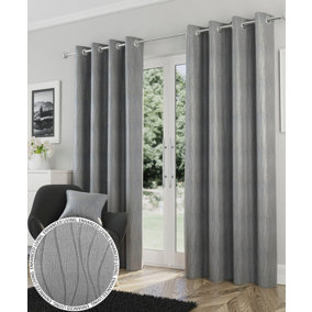 Enhanced Living Goodwood Silver Thermal, Energy Saving, Dimout Eyelet Pair of Curtains with Wave Pattern 46 x 54 inch (117x137cm)