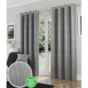 Enhanced Living Goodwood Silver Thermal, Energy Saving, Dimout Eyelet Pair of Curtains with Wave Pattern 66 x 54 inch (168x137cm)