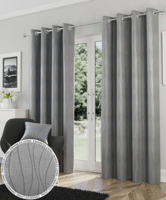 Enhanced Living Goodwood Silver Thermal, Energy Saving, Dimout Eyelet Pair of Curtains with Wave Pattern 66 x 90 inch (168x229cm)