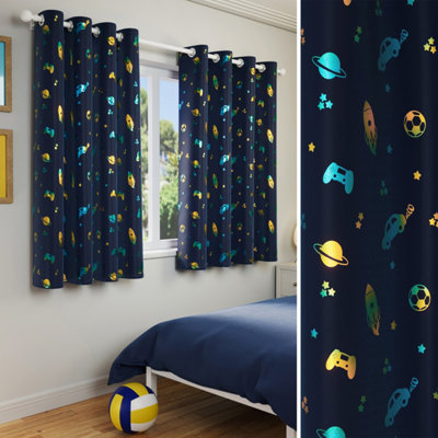 Enhanced Living Infinity Room Darkening Thermal Blue Metallic Print Children's Eyelet Curtains Pair 46 x 54 inch (117x137cm)