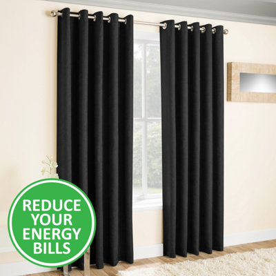 Enhanced Living Vogue Black 66 x 90 inch (168x229cm) Pair of Eyelet Thermal Noise reducing Dim Out Curtains