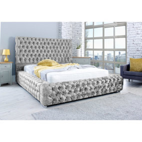 Enigma Crushed Crush Bed Frame With Chesterfield Headboard - Silver