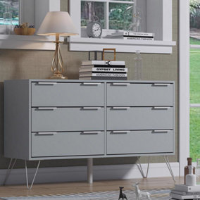 Enkel Matt Grey Wide 6 Drawer Chest on Hairpin Legs