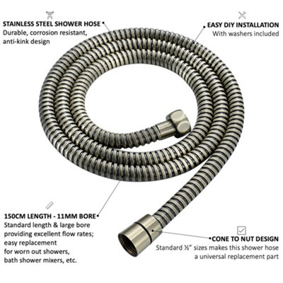 ENKI Antique Bronze Flexi Stainless Steel Shower Hose Large Bore 1.5m - 6