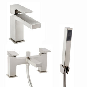 ENKI Athena Brushed Nickel Contemporary Sqaure Solid Brass Bathroom Mixer Tap Pack BBT0196