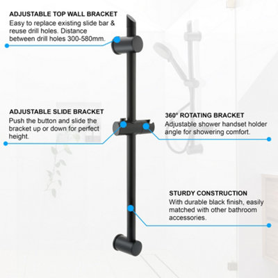 ENKI Black Adjustable Shower Riser Rail Kit S30 - 6