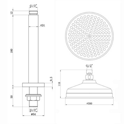 ENKI Black Traditional Ceiling Fixed Brass Shower Head & Arm 8" 180mm