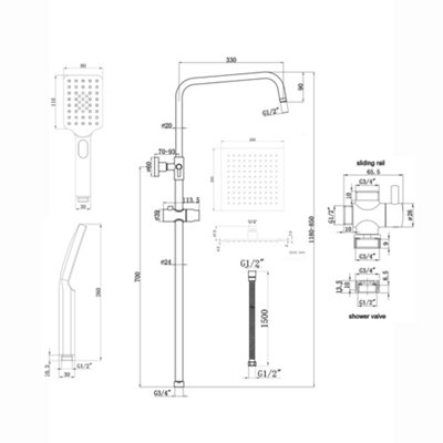 ENKI Carre Chrome Modern Classic Bathroom Solid Stainless Steel Adjustable Square Overhead Ultra Slim Rain Shower & Riser Rail Kit